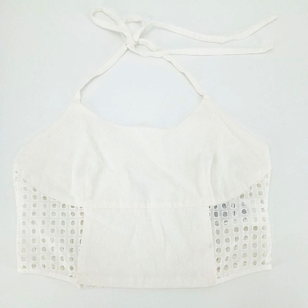 Romantic White Crop Top Eyelet Lace Smocked Back Cotton Crochet XL
